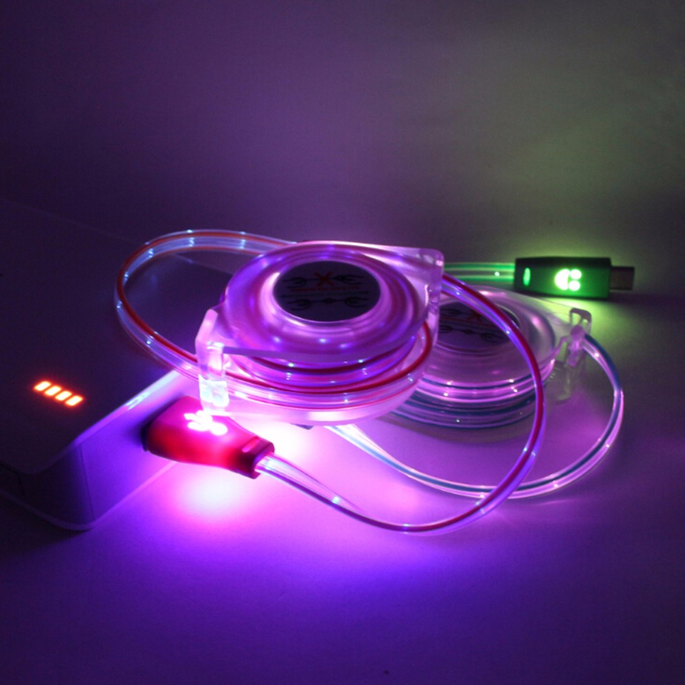 Luminous Universal 1M Retractable LED Light Micro USB Cable Charging Line V8 Cable for Andriod Phone