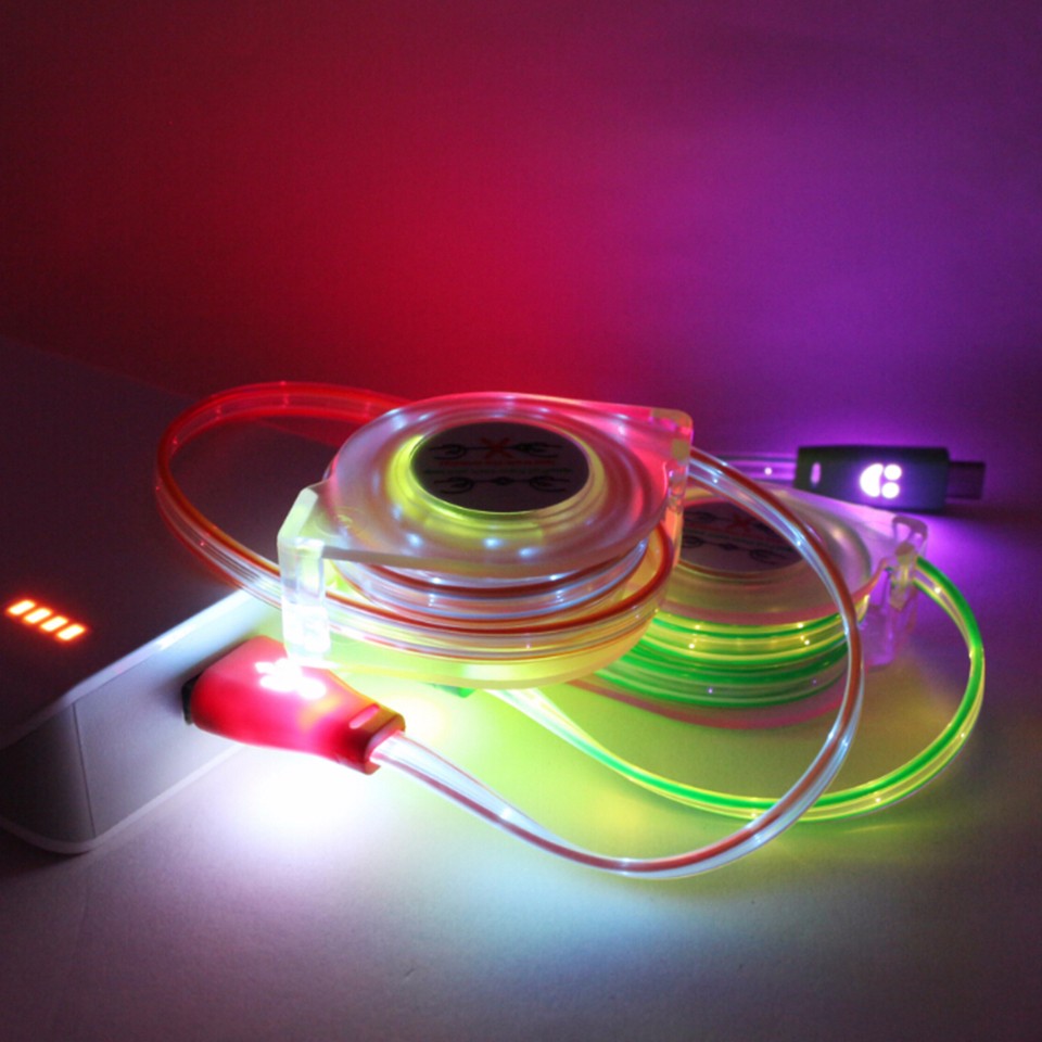 Luminous Universal 1M Retractable LED Light Micro USB Cable Charging Line V8 Cable for Andriod Phone