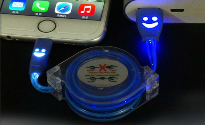 Luminous Universal 1M Retractable LED Light Micro USB Cable Charging Line V8 Cable for Andriod Phone