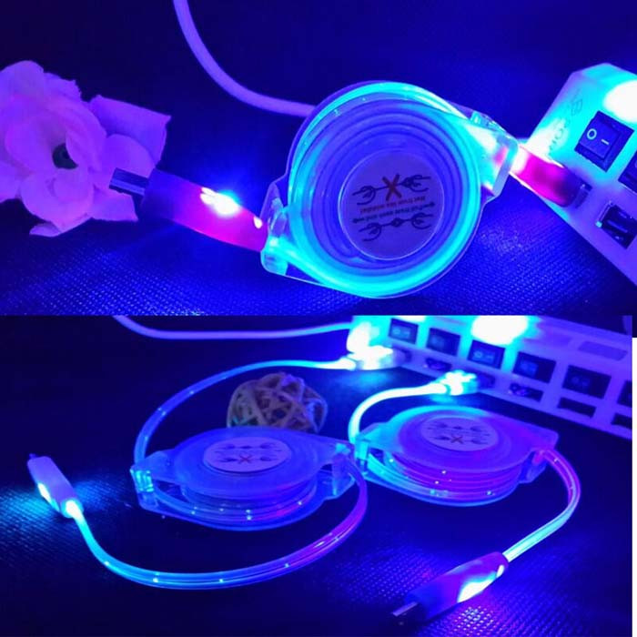 Luminous Universal 1M Retractable LED Light Micro USB Cable Charging Line V8 Cable for Andriod Phone