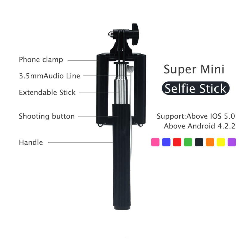 Universal Mobile Phone Mini Selfie Stick with Button Wired Handle Monopod