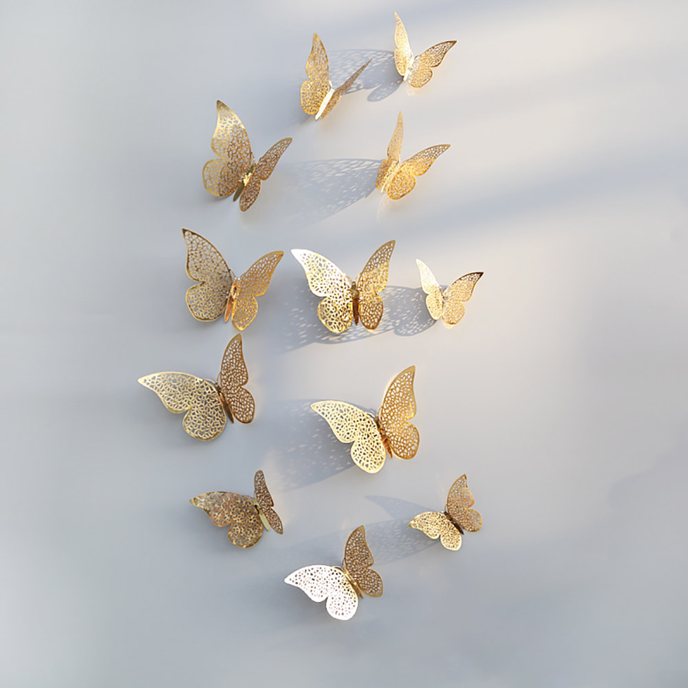 12Pcs/Pack Grid Butterfly Stickers 3D Three-dimensional Hollow Out Paper Wall Stickers For Wedding Birthday Party Room Decor