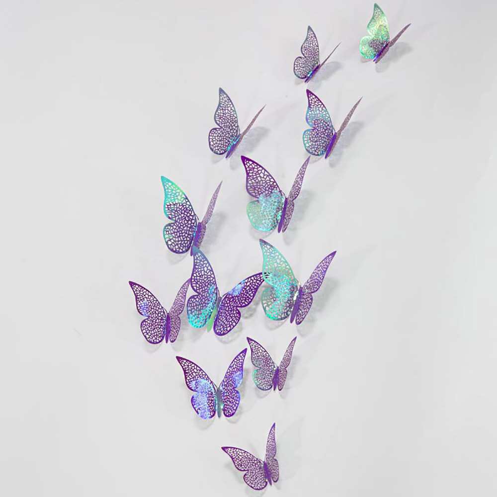 12Pcs/Pack Grid Butterfly Stickers 3D Three-dimensional Hollow Out Paper Wall Stickers For Wedding Birthday Party Room Decor