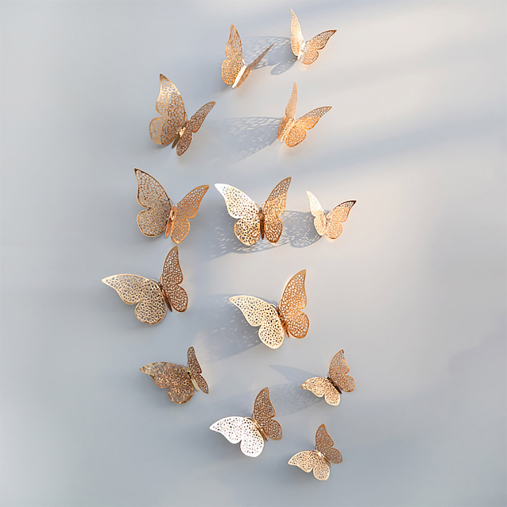 12Pcs/Pack Grid Butterfly Stickers 3D Three-dimensional Hollow Out Paper Wall Stickers For Wedding Birthday Party Room Decor