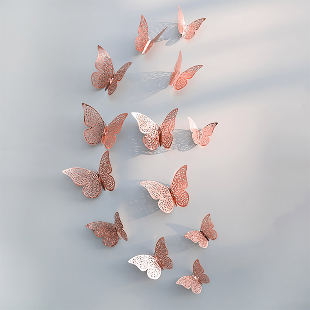 12Pcs/Pack Grid Butterfly Stickers 3D Three-dimensional Hollow Out Paper Wall Stickers For Wedding Birthday Party Room Decor