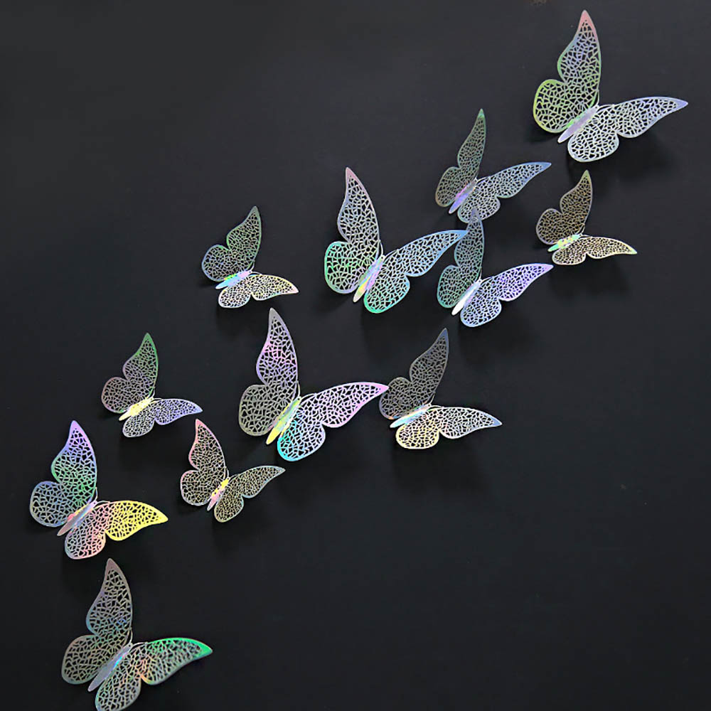 12Pcs/Pack Grid Butterfly Stickers 3D Three-dimensional Hollow Out Paper Wall Stickers For Wedding Birthday Party Room Decor