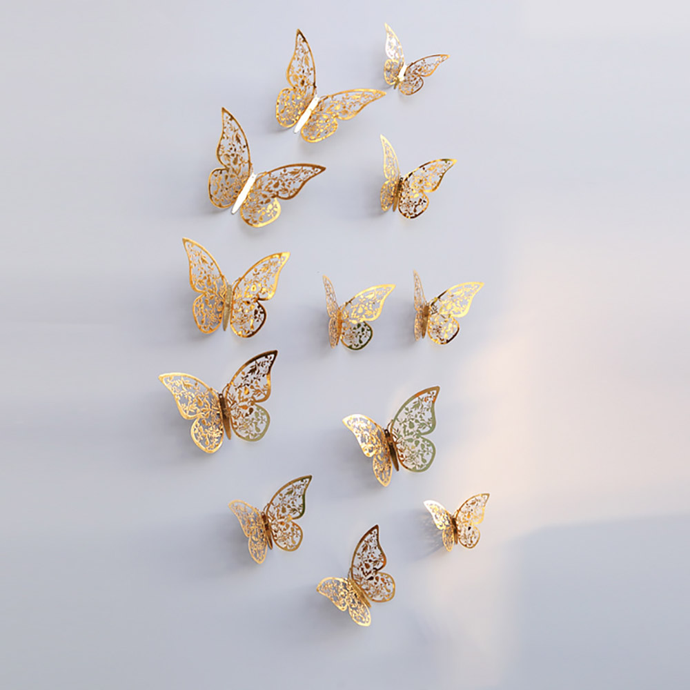 12Pcs/Pack Leaves Butterfly Stickers 3D Three-dimensional Hollow Out Paper Wall Stickers For Wedding Birthday Party Room Decor