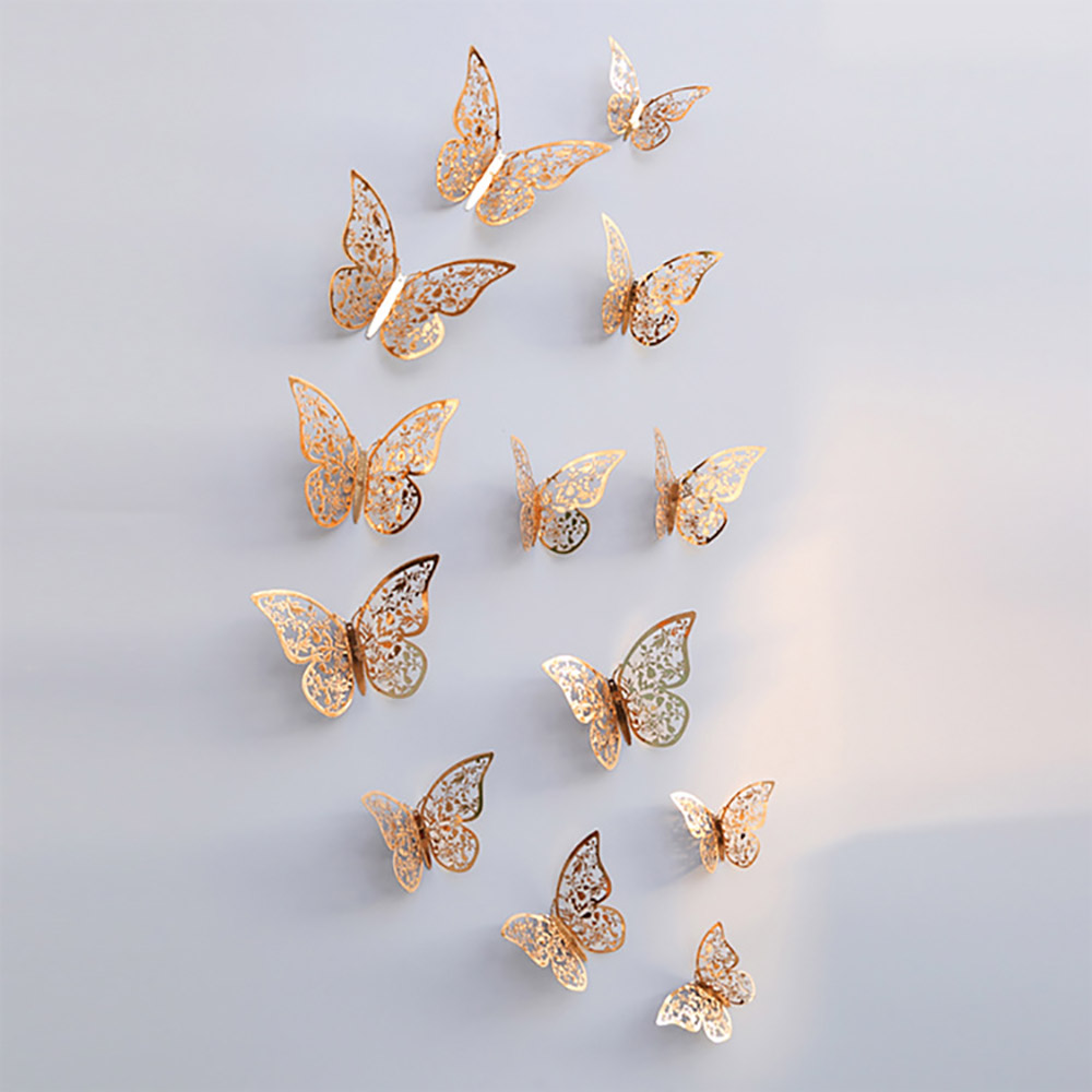 12Pcs/Pack Leaves Butterfly Stickers 3D Three-dimensional Hollow Out Paper Wall Stickers For Wedding Birthday Party Room Decor