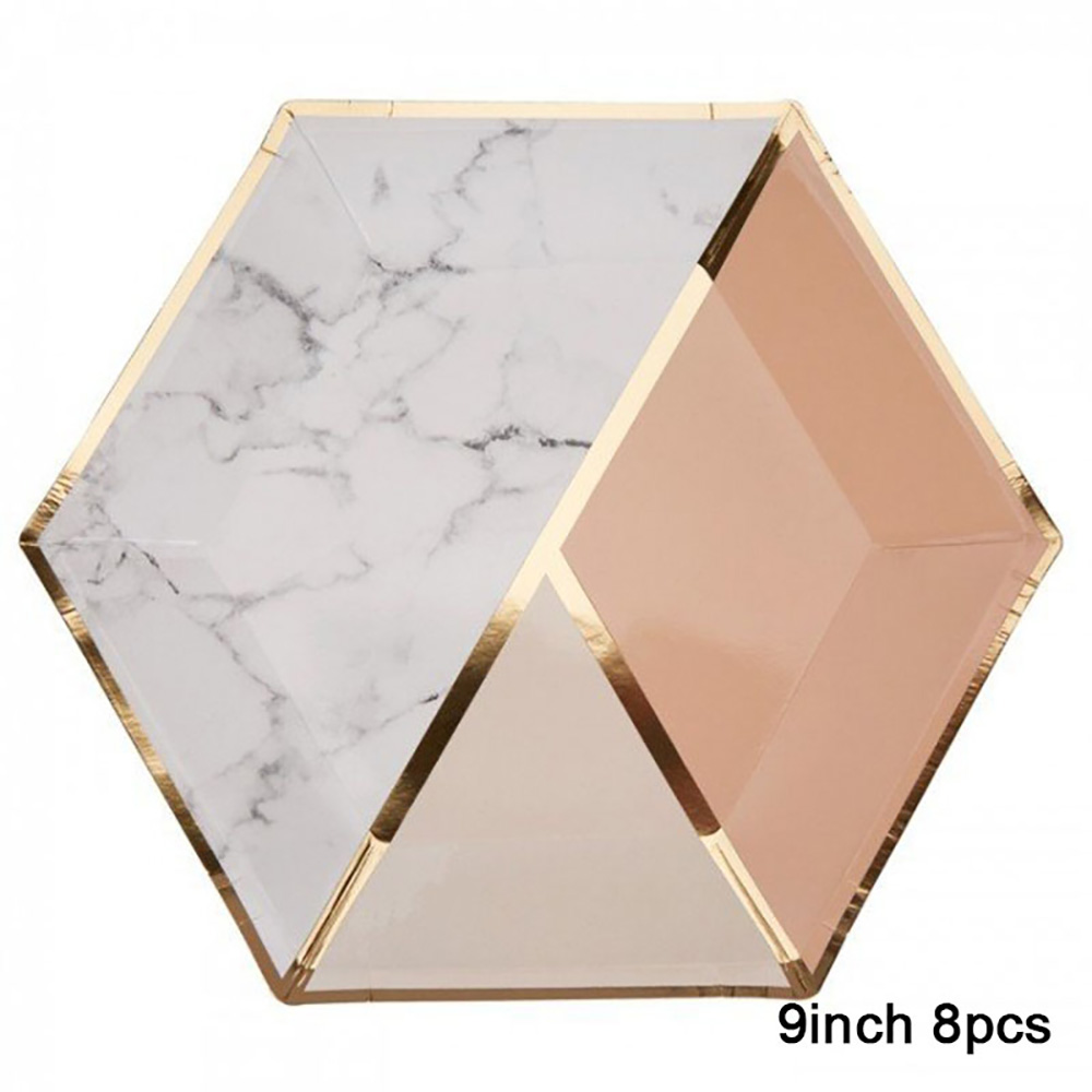 Pink Marble Paper Cups Plates Napkins Bronzing Disposable Paper Tableware For Party Cake Plate Wedding Birthday Banquet Decor