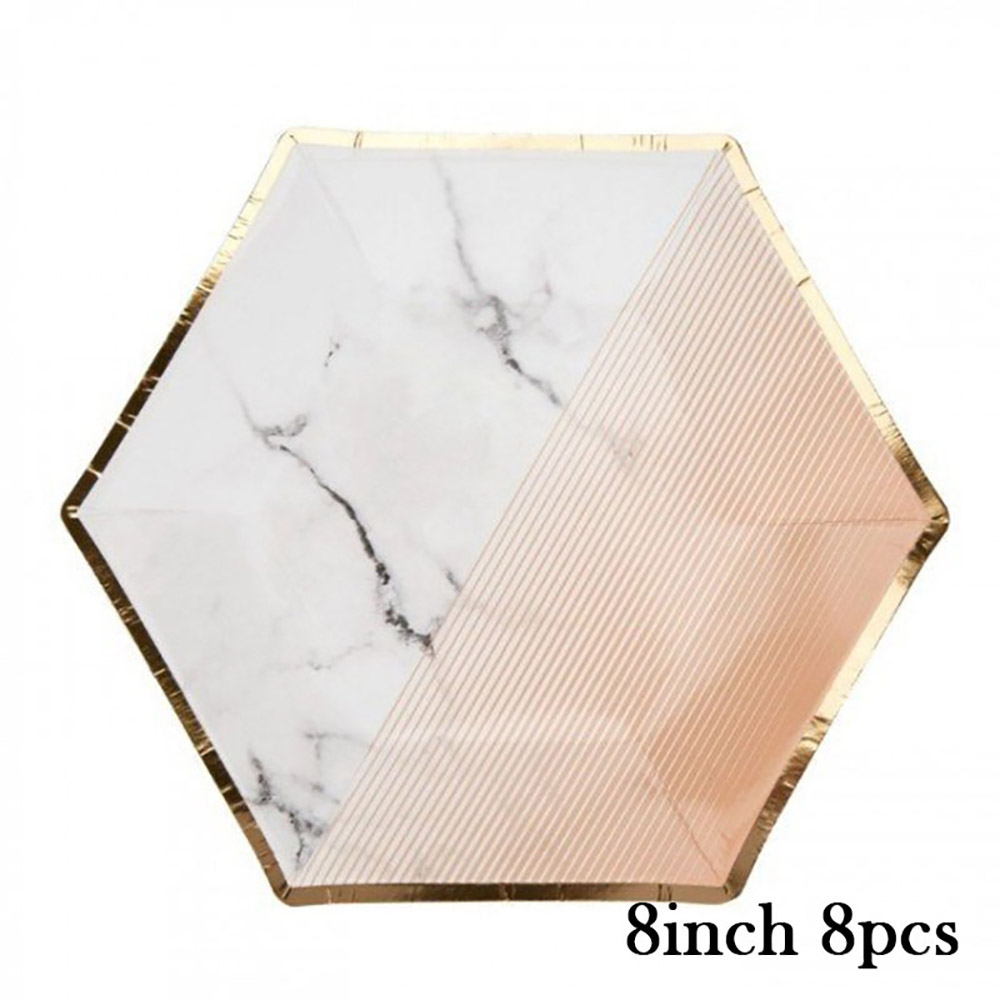 Pink Marble Paper Cups Plates Napkins Bronzing Disposable Paper Tableware For Party Cake Plate Wedding Birthday Banquet Decor