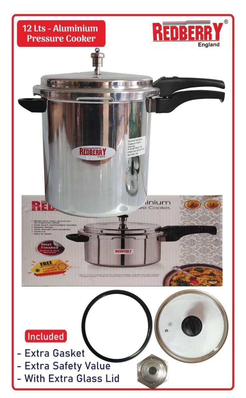 Heavy Aluminum kitchen non-explosive pressure cooker with an extra gasket, extra safety valve and extra glass lid.