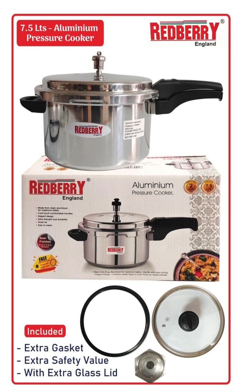 Heavy Aluminum kitchen non-explosive pressure cooker with an extra gasket, extra safety valve and extra glass lid.