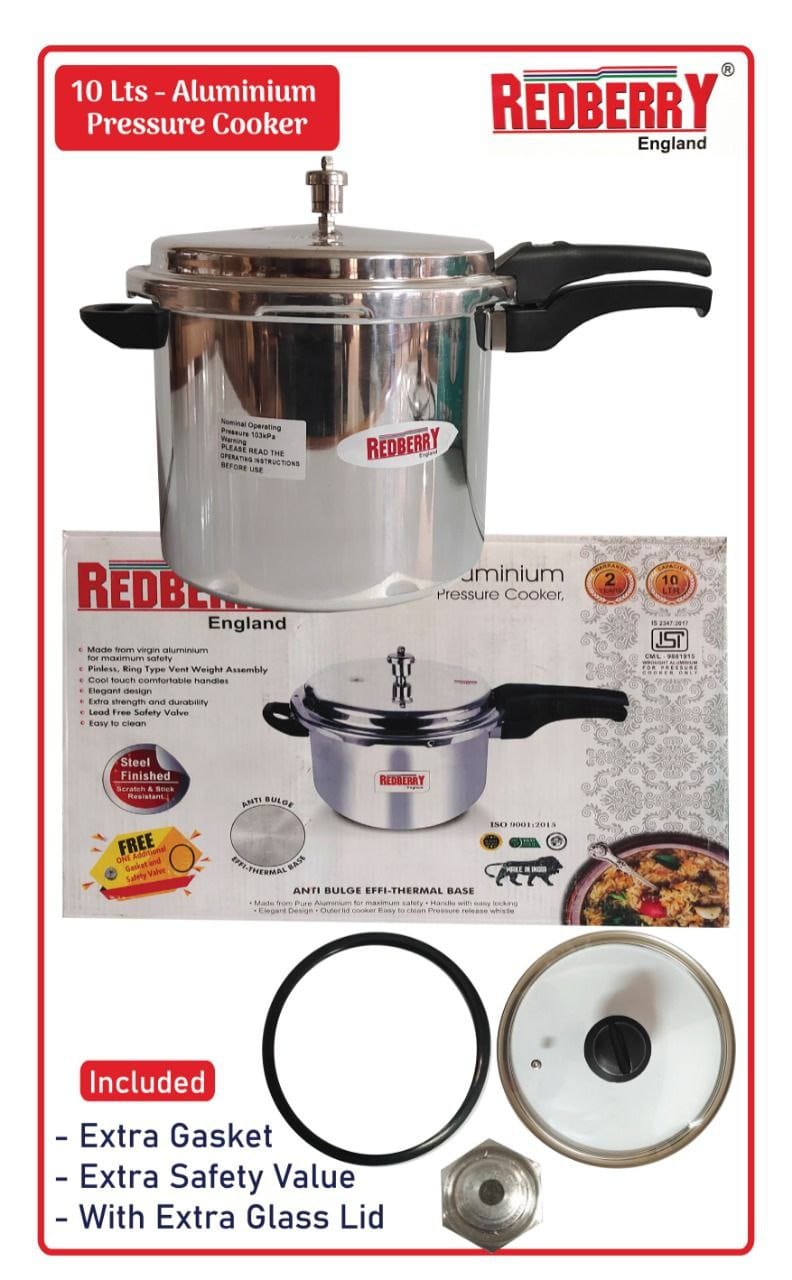 Heavy Aluminum kitchen non-explosive pressure cooker with an extra gasket, extra safety valve and extra glass lid.