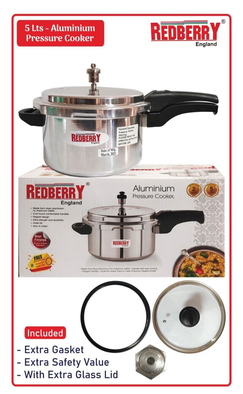 Heavy Aluminum kitchen non-explosive pressure cooker with an extra gasket, extra safety valve and extra glass lid.