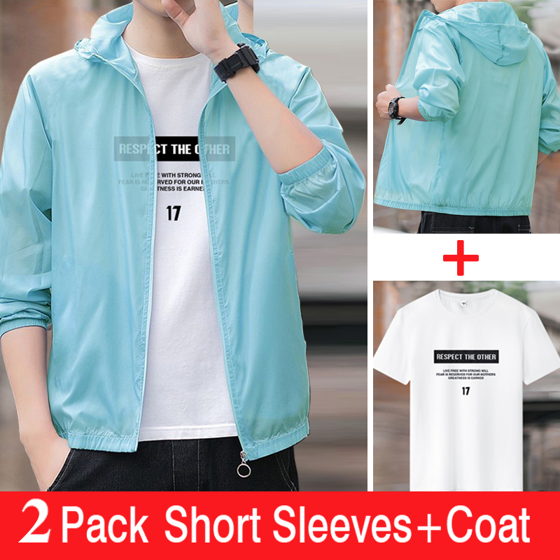 2-piece men's short sleeved T-shirt+hooded jacket