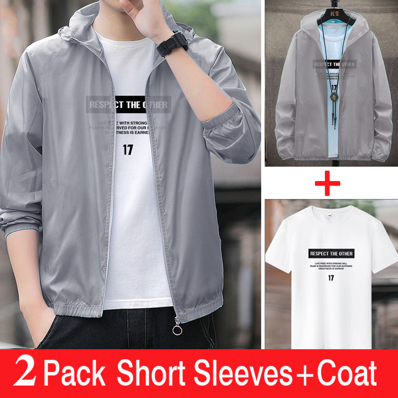 2-piece men's short sleeved T-shirt+hooded jacket