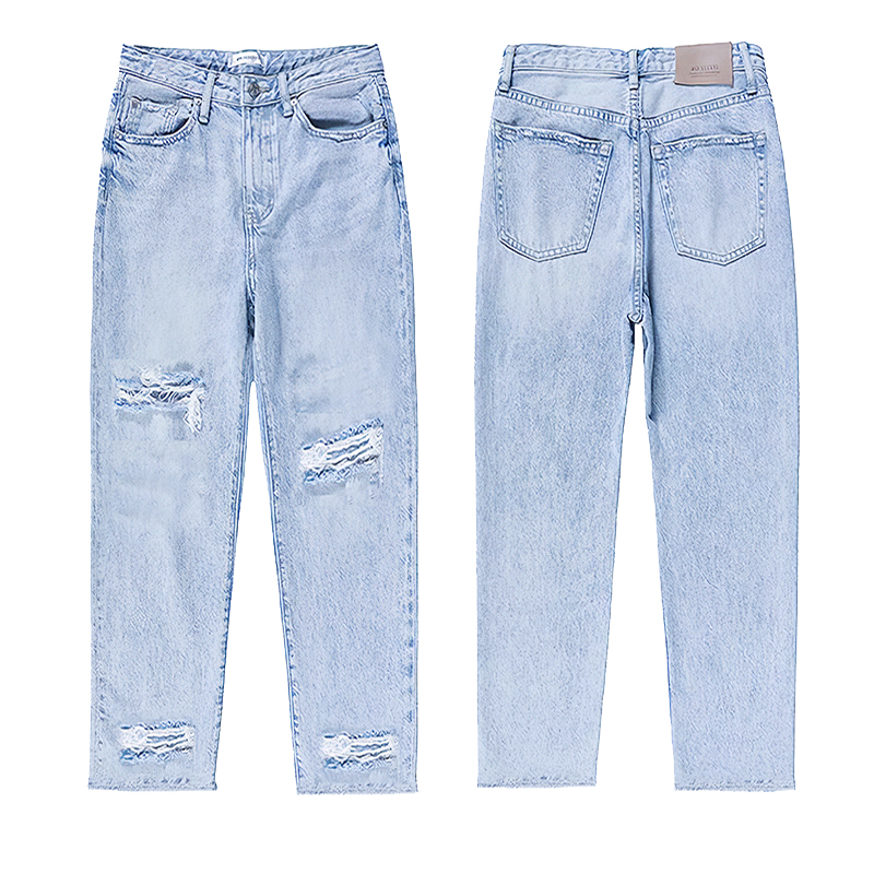 European Fashion Multi Button High Waist Denim Jeans Distressed Ripped Jeans for Women