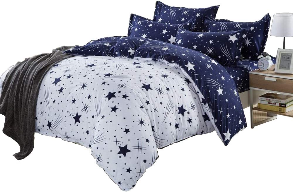 4pcs Warm White & Blue Duvet With Star Print, 1 Bedsheet and 2 Pillowcases  Bedding sets & accessories