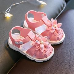 Sandals for children's summer sandals  flat bottomed informal shoes with buttons  soft and non slip pink flower design 20 Pink