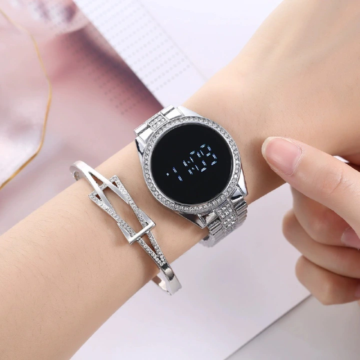 Steel band electronic watch casual personality simple electronic couple watch+bracelet set Women Watches