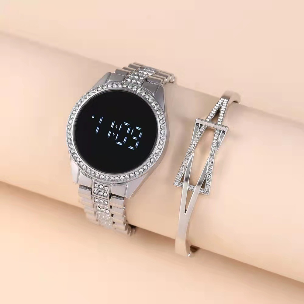 Steel band electronic watch casual personality simple electronic couple watch+bracelet set Women Watches