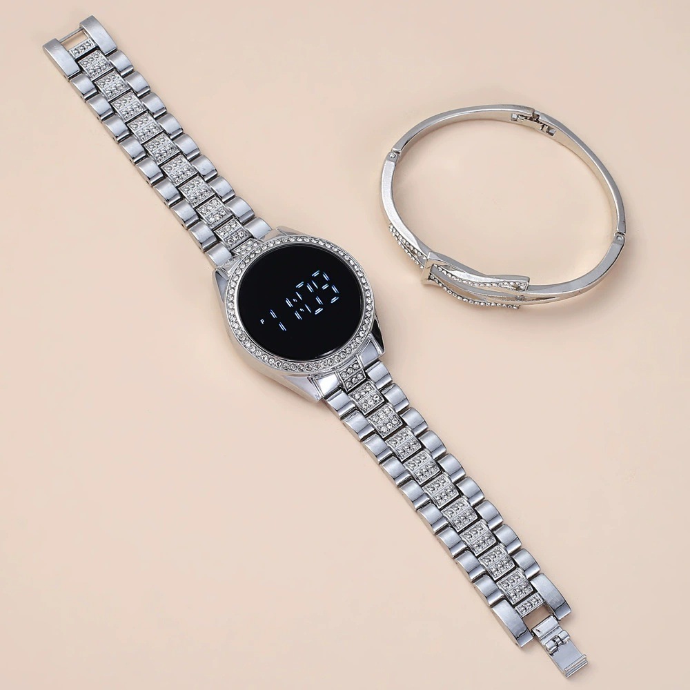 Steel band electronic watch casual personality simple electronic couple watch+bracelet set Women Watches