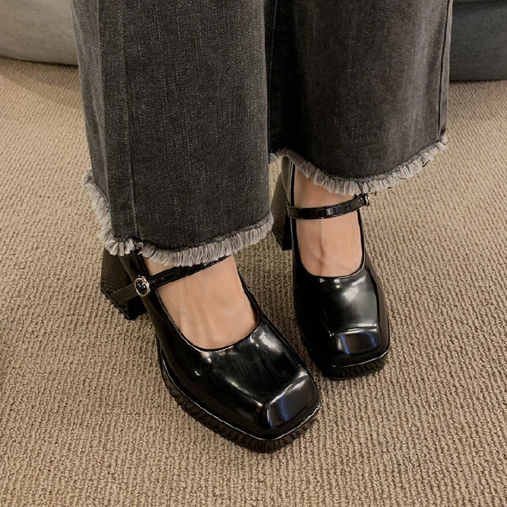 Women's Shallow Mouth Fashion Mary Jane Solid Color Lace-Up Platform Chunky Heels