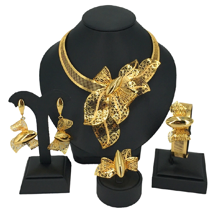 New 24k Gold Necklace Jewelry Set Dubai Necklace Earrings Bracelet Ring Set Four Piece Italian High end Design Exaggerated Light Copper Plated Gold Jewelry Couple Gift Jewelry Set Women's Gift