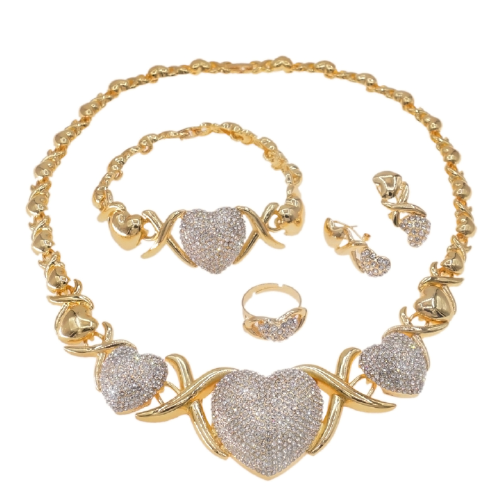5 pieces/set of lovers necklace heart shaped zircon inlaid love pendant jewelry Luxury full diamond super glitter beautiful jewelry set necklace earring ring I love you jewelry xoxo series jewelry