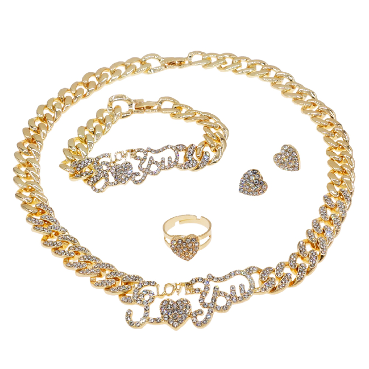 Cuba Chain Jewelry Set 5 Pieces I Love You Cuba Necklace Bracelet Set Diamond Earrings Ring I Love You xoxo Series Jewelry  Men's and Women's Hip Hop Jewelry Women's Cuban Chain