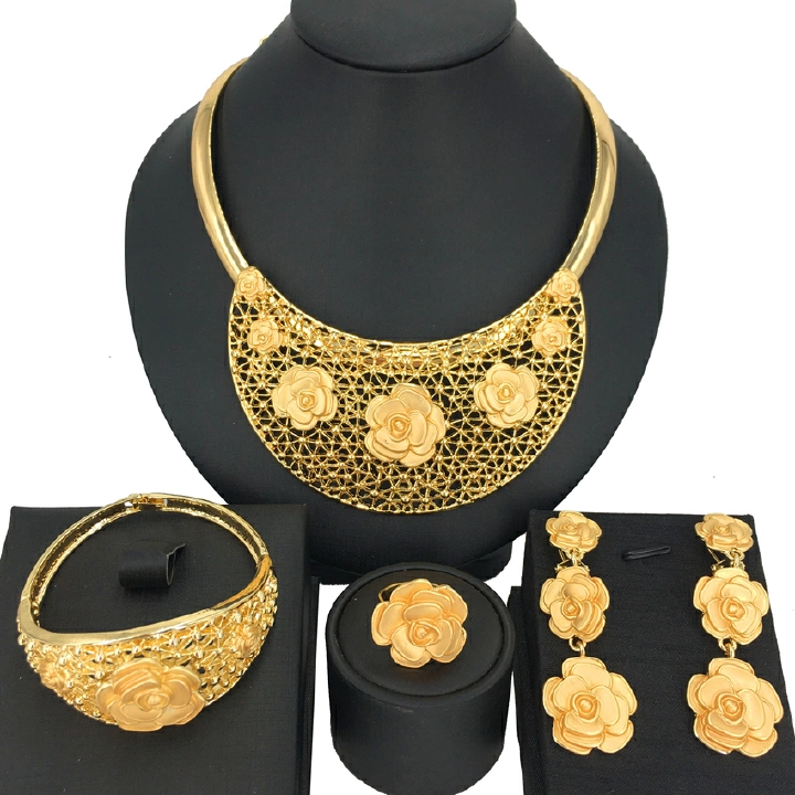 Bridal wedding jewelry Exclusive original design jewelry Necklace Earring Ring Bracelet Set Plating 24k Gold Exaggerated Wedding Jewelry Set Luxury Women's Party Big Jewelry Necklace Set