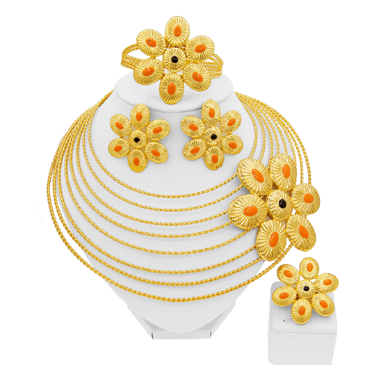 Dubai High end Party Jewelry Set Original Design 24k Gold Plated Unique Bridal Wedding Exquisite Jewelry Set Jewelry Wedding Party Jewelry Necklace Earrings Ring Bracelets 5 pieces