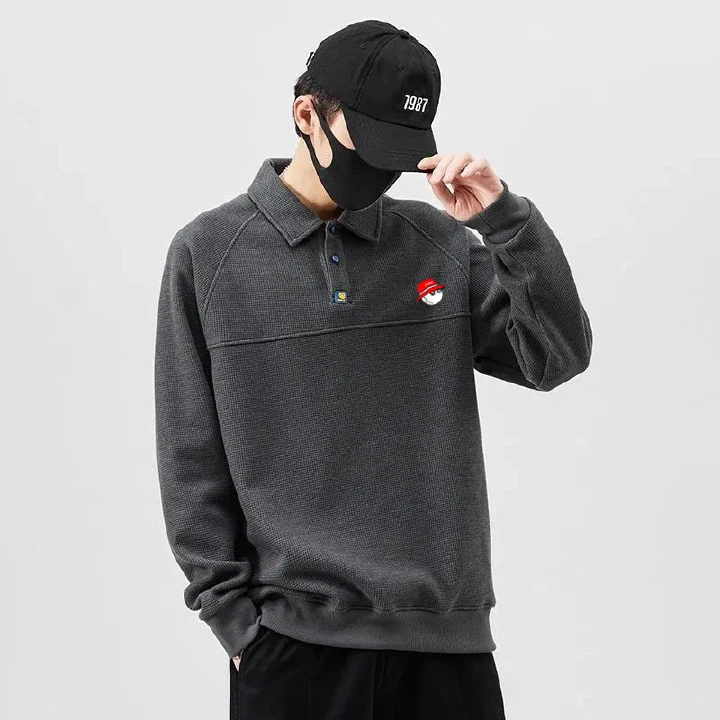 Waffle Hoodie Black Baggy Top With Lapel Over Long-Sleeved Men's Polo Shirt