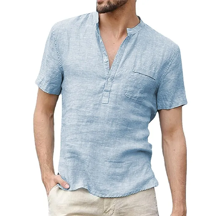 Shirt New Men's Short Sleeve T-Shirt Cotton Linen Collar Casual T-Shirt Breathable