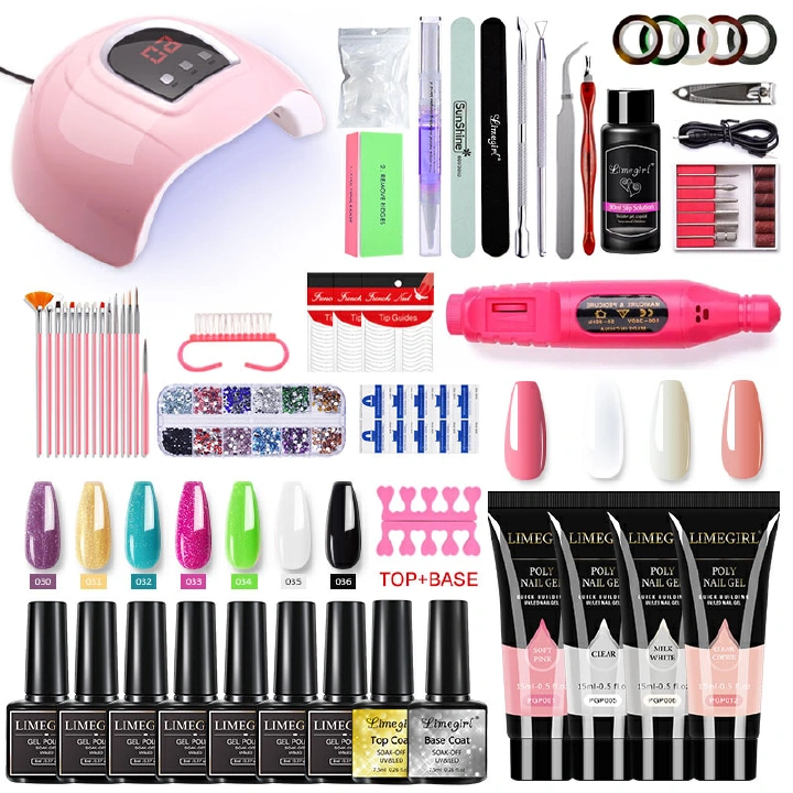 Limegirl Poly UV Gel Set With Lamp Pink Clear UV Gel Varnish Nail Polish Quick Building For Nails Extensions Hard Gel Nail Kit