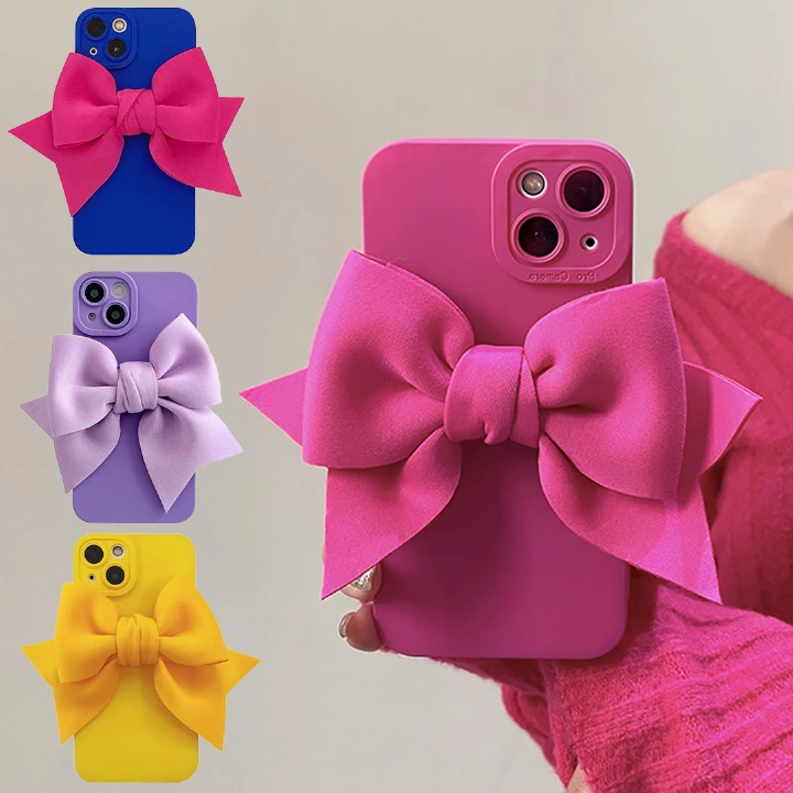 Fluorescence Matte Silicone Phone Case For iphone 14 12 13 Pro Max 11 X XR 7 8 Plus Se3 Cute 3D Bow Soft camera protective Cover