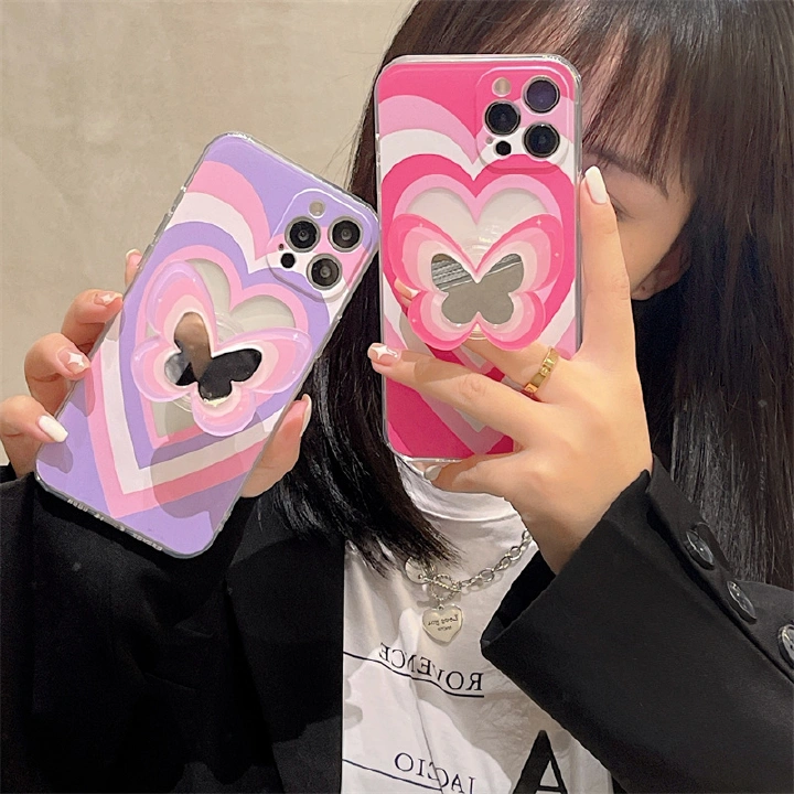 Pink Love Heart Holder Stand soft clear phone case for iPhone 14 13 11 12 Pro Max XR X XS 7 8 Plus Mirror Cute Butterfly Cover