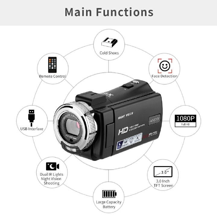 Andoer V12 Digital Video Camera 1080P 30MP HD 16X Zoom Portable Recording Camcorder 3 Inch LCD Screen Video Camera Camcorder