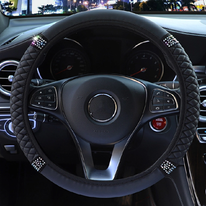Four Seasons Universal Car Steering Wheel Cover 37-38cm Leather Embroidered Color Diamond-Studded Elastic Steering Wheel Cover