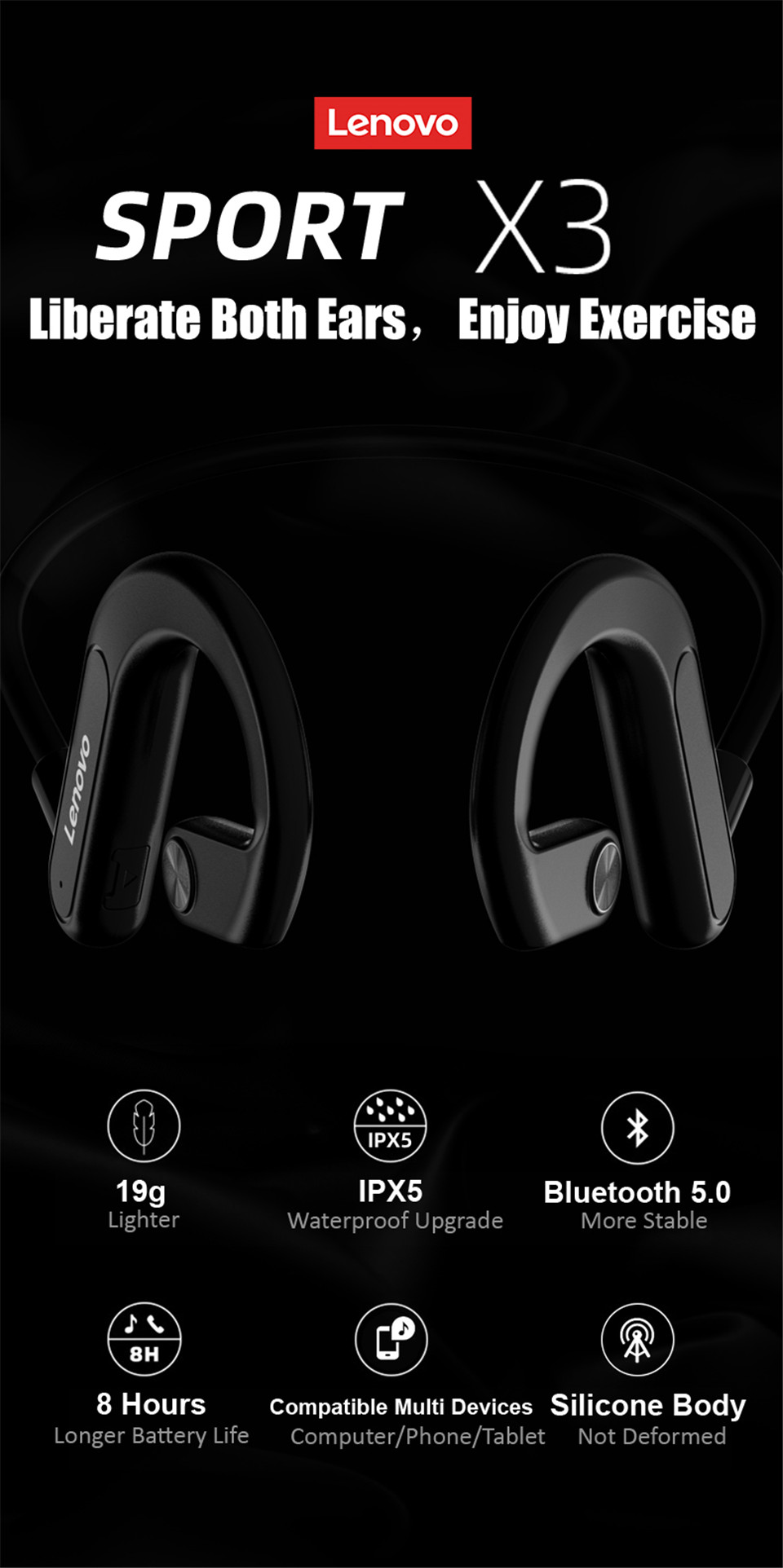 Lenovo X3 Wireless Bluetooth Earphone Air Conduction Sport Headset IPX5 Waterproof Neckband with Mic Noise Cancelling Earbuds