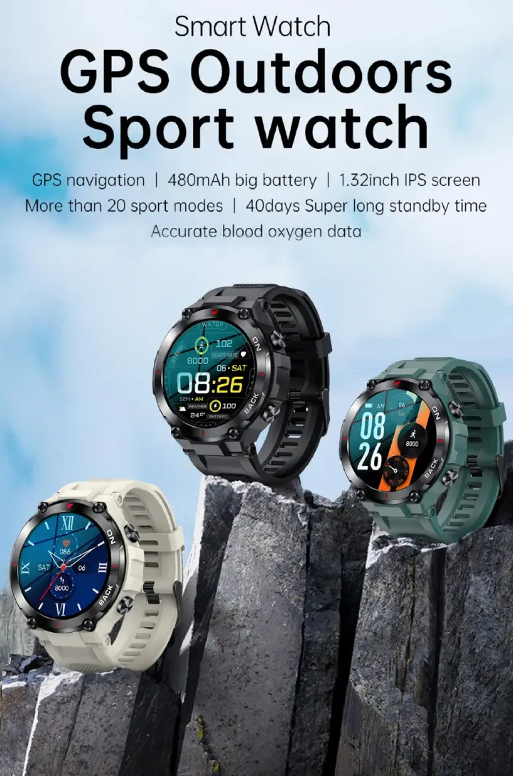 K37 GPS Smart Watch Men 1.32IPS 480mAh Fitness Tracker 24/7 Heart Rate IP68 Waterproof Blood ox Outdoor Sport Smartwatch pk K27