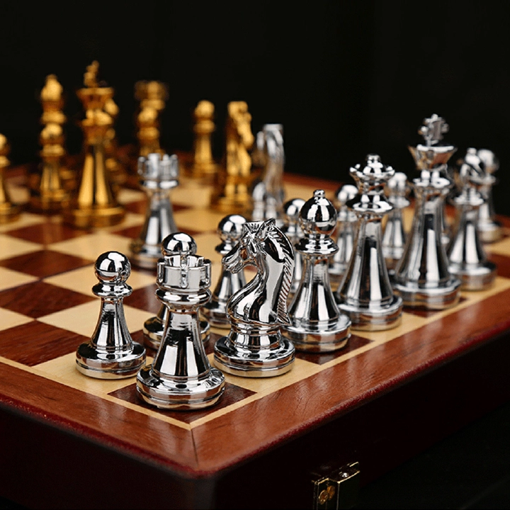 Medieval Chess Set Chessboard Gold-Silver Bronze Chess Pieces Magnetic Board Game Playing Accessories with Storage Box