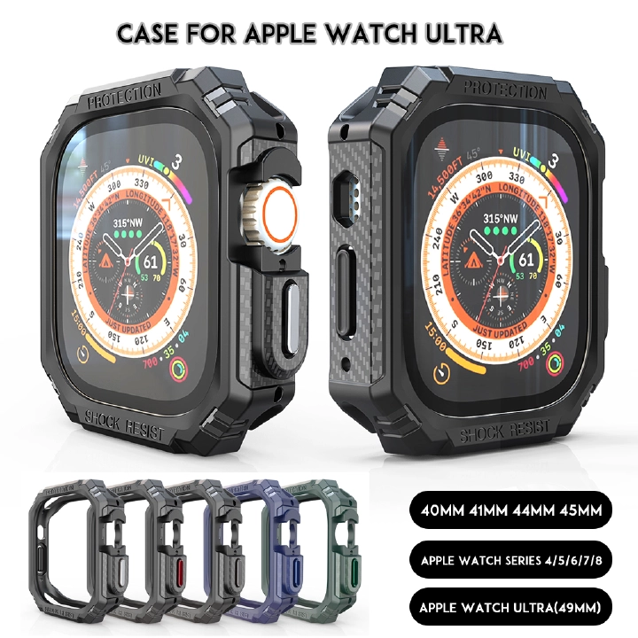 Case for Apple Watch 8 Series 7 6 SE 5 Cover Ultra Edge Protective Carbon Fiber PC 49mm 40 41 44 45mm Shockproof Protector Bumpe
