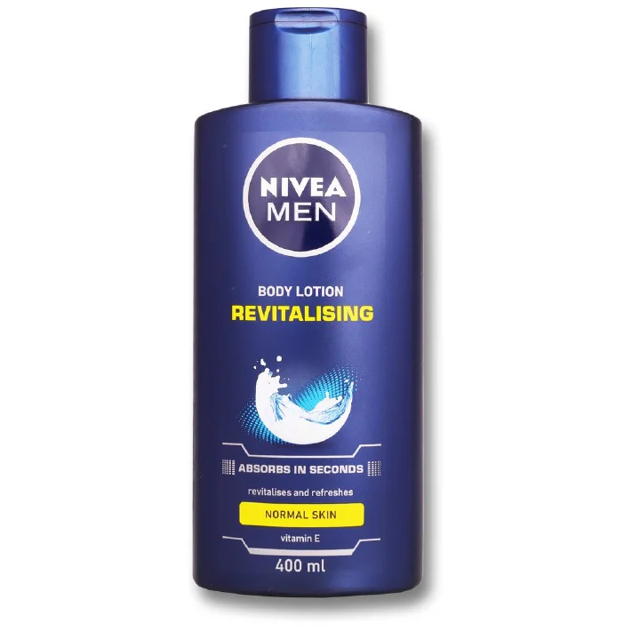 NIVEA MEN REVITALISING BODY LOTION 400ml-This non greasy formula, enriched with VITAMIN E, gives your skin a revitalizing kick and immediately provides it with the extra burst of freshness 24/7 hrs  .