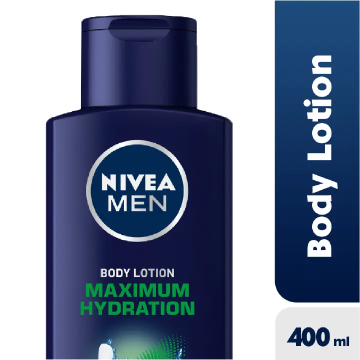 NIVEA MAXIMUM HYDRATION BODY LOTION FOR MEN 400ML- Lightly scented body lotion for men absorbs in seconds with no greasy feel. It is enriched with Aloe Vera that boosts the moisture level in the skin.