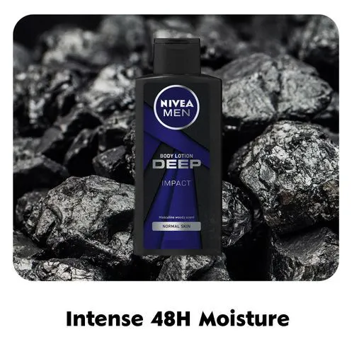 【Pack of 2】NIVEA Deep Impact Body lotion men 400ml intensely moisturises skin for 48 h leaving it feeling fresh thanks to black carbon. Woody and spicy notes give skin a masculine scent 24/7h.