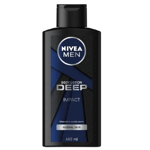 NIVEA Deep Impact Body lotion men 400ml intensely moisturises skin for 48 hours,and leaves it feeling fresh thanks to black carbon. Woody and spicy notes give skin a distinctly masculine scent 24/7hr.