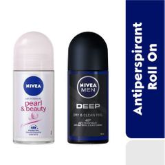 NIVEA His & Hers Deo Pack - Deep Roll-On - 50ml, Pearl & Beauty Roll-On - 50m l- His Deep offers confidence all day, while Her Pearl & Beauty brings out her inner radiance with a t 50ml