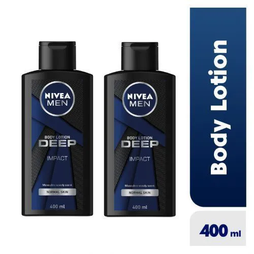 【Pack of 2】NIVEA Deep Impact Body lotion men 400ml intensely moisturises skin for 48 h leaving it feeling fresh thanks to black carbon. Woody and spicy notes give skin a masculine scent 24/7h.