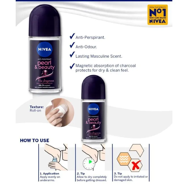 (PACK OF 2)NIVEA Pearl & Beauty Black Pearl Fine Fragrance Anti-Perspirant Roll-On 48h 50ml.Enriched with perfume oils for a long-lasting premium fragrance that will leave you feeling clean and fresh
